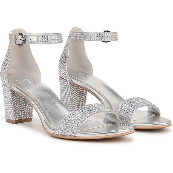 Naturalizer Vera Sandals Women's 5.5 Silver Satin Ankle Strap Block Heel RHS2912 - Picture 1 of 12
